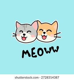 Adorable Ilustración vectorial de personajes de gatos kawaii con caras felices y texto dibujado a mano "MEOWW" sobre un fondo azul claro.