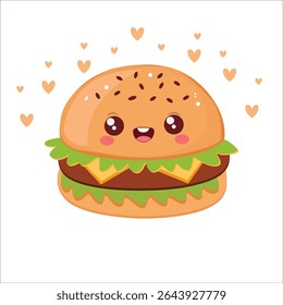 Adorable kawaii cheeseburger illustration with a smiling face and heart decorations. Perfect for food lovers, cute designs, kids’ prints, and fun digital art projects