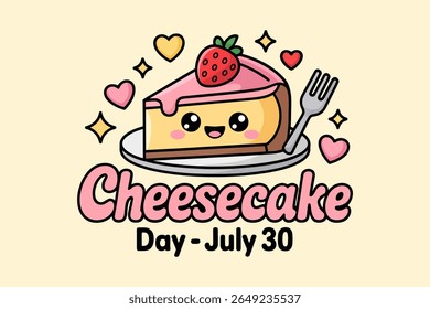 Adorável kawaii cheesecake design fatia com garfo e morango topping para julho 30 sobremesa dia consciência