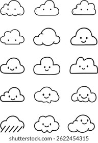 Ícones adoráveis na nuvem de Kawaii Perfeitos para designs de crianças, adesivos e aplicativos de clima
