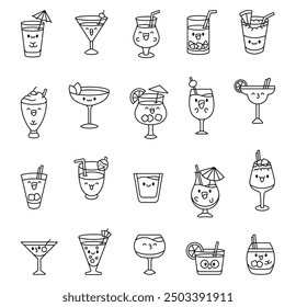 Adorable kawaii cocktail. Coloring Page. Funny cartoon summer drink. Hand drawn style. Vector drawing. Collection of design elements.