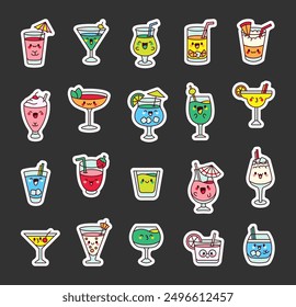 Adorable kawaii cocktail. Sticker Bookmark. Funny cartoon summer drink. Hand drawn style. Vector drawing. Collection of design elements.