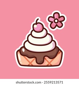 Adorable kawaii dessert illustration featuring whipped cream, chocolate topping, a cherry, and a flower on a pink background. Perfect for sweet and playful design projects