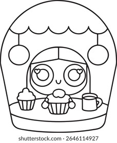Adorable Kawaii Dessert Shop Illustration Featuring a Cute Character, Delicious Cupcakes, and a Warm Drink, Presented in a Clean, Playful, and Appealing Style