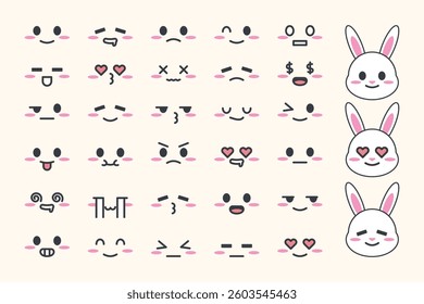 Adorable Kawaii Emoji Face Set. Cute Cartoon Expressions for Stickers and Digital Design