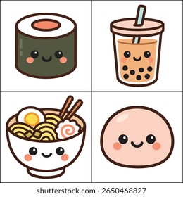 Adorável kawaii comida personagens sushi boba ramen e mochi com rostos bonitos