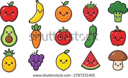 Adorable kawaii fruit and vegetable cartoon set featuring smiling healthy food characters in colorful flat style. Suitable for children’s books, stickers, education, nursery decor, healthy eating campaigns, and playful graphic designs.