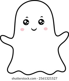 Adorable kawaii ghost character with large eyes and rosy pink cheeks, happily waving in a friendly manner, ideal for Halloween or playful spooky themed designs