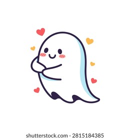 Adorable kawaii ghost character surrounded by small floating hearts. A cute white ghost with blushing cheeks floats among red and orange hearts on a clean white background. Ideal for Halloween greeting cards or children's stickers.