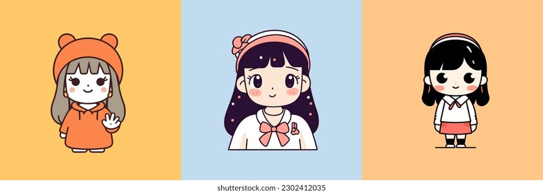 Adorable kawaii girl chibi with big eyes and a cheerful smile, perfect for stickers, merchandising, or social media posts.