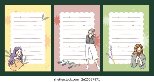 Adorable kawaii girl illustration set with pastel notes stickers and labels perfect for journaling scrapbooking planners and creative decoration with cute themes
