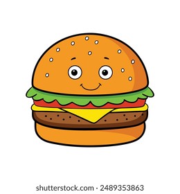 Adorable Ilustración vectorial de hamburguesa kawaii, perfecta para proyectos de Diseño gráfico divertidos y juguetones.