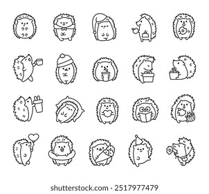 Adorable kawaii hedgehog. Coloring Page. Funny cartoon forest character. Hand drawn style. Vector drawing. Collection of design elements.