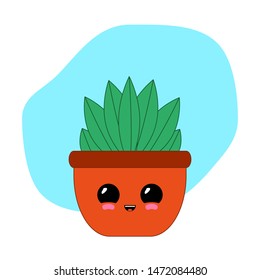 Adorable kawaii houseplant vector art. Kawaii faces flower pot. Cute big eyes emoticon. Cartoon style leafy plant in a pot. Vector illustration on pink background.