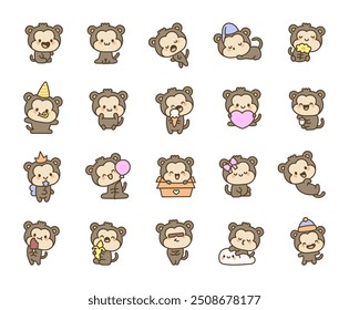 Adorable kawaii monkey character. Funny little animal. Hand drawn style. Vector drawing. Collection of design elements.
