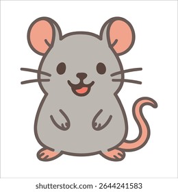 Adorable kawaii mouse in cartoon style with pink ears, big belly, and curly tail. Perfect for children’s designs, stickers, and animal illustrations. Vector art, clean and editable.
