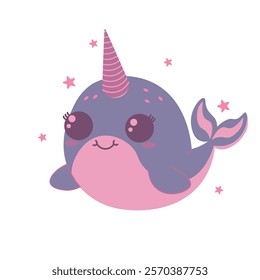 Adorable kawaii narwhal illustration in flat style with pink and purple tones, surrounded by cute stars, perfect for kids' designs, stickers, or greeting cards.