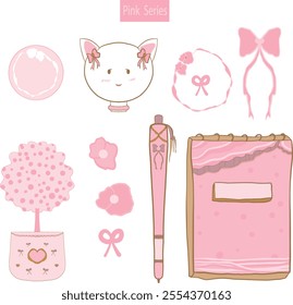 Adorable kawaii pastel pink clip art featuring feminine elements like pens, notebooks, and cute accessories. Perfect for planners, journaling, stationery, and digital scrapbooking projects.