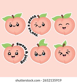 Adorable kawaii peach stickers with happy cartoon faces and funny quotes. Perfect for planners, notebooks, scrapbooking, kids decor, printable sheets, or digital use.
