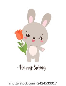 Adorable kawaii rabbit holding a tulip. Vector illustration for Easter greeting card, poster, invitation. Playful and tender touch to spring graphic, bringing joy to designs for children and adults.