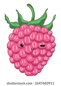 Adorável kawaii personagem de desenho animado framboesa com um rosto piscando. Ilustração divertida para crianças, embalagem, adesivos e design de frutas de verão.