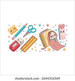 Adorable kawaii school supplies vector featuring smiling pencil, ruler, notebook, bookmark, hijabi girl, and more. Perfect for kids, students, and back-to-school designs.