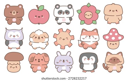 Adorable conjunto kawaii con manzana sonriente, flor de margarita, sol brillante y setas con lindos animales del bosque, mascotas y pájaros. Diseño decorativo de la guardería y de la ducha del bebé y Ilustración vectorial de los patrones