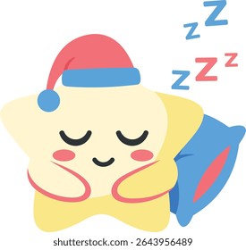 Adorable Kawaii Star Sleeping with Pillow and Night Hat – Cartoon Bedtime Illustration