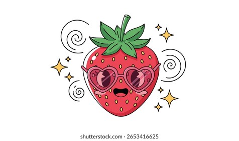 Adorable kawaii strawberry character with heart shaped sunglasses feeling fabulous and sparkly