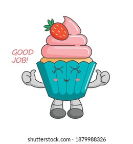 Adorable kawaii strawberry cupcake characters raise two thumbs up, great job