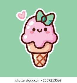 Adorable kawaii strawberry ice cream cone illustration featuring a cute smiling face, a bow, and a heart on a pastel mint green background. Perfect for playful and fun designs