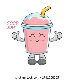 adorable kawaii strawberry smoothie characters raise two thumbs up, great job, applause