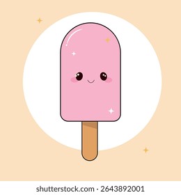 Adorable kawaii style ice cream popsicle with a smiling face, drawn in soft pastel colors. Perfect for stickers, and clipart