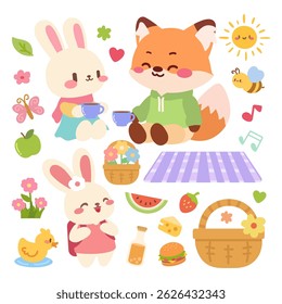 Adorable kawaii style picnic clipart set featuring a bunny and fox enjoying tea time, surrounded by cute elements like food, flowers, picnic baskets, and nature icons.