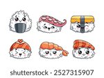 Adorable Kawaii Style Sushi And Rolls Featuring Smiling Cartoon Faces. Image Captures A Playful And Whimsical Atmosphere