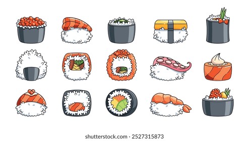 Adorable Kawaii Style Sushi And Rolls with Different Fillings. Cartoon Vector Illustration Showcasing Japanese Cuisine