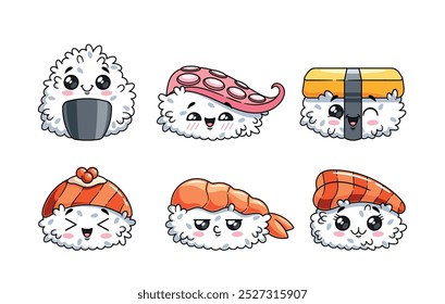 Bezaubernde Sushi und Rollen im Kawaii-Stil mit lächelnden Cartoon-Gesichtern. Bild fängt eine verspielte und skurrile Atmosphäre ein