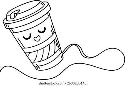 Adorable kawaii style takeaway coffee cup with cute smiling face and detailed line art