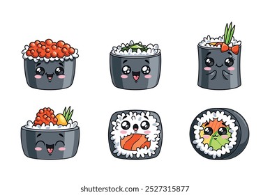 Adorable Kawaii Sushi Roll Characters Featuring Happy Faces And Expressive Eyes Add A Playful Touch To Japanese Cuisine