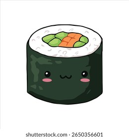 Adorável kawaii sushi rolo com um rosto sorridente bonito, bochechas rubor, e enchimento colorido de salmão e abacate, envolto em algas verdes escuras no fundo branco.

