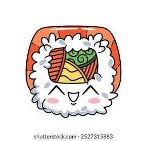 Adorable Kawaii Sushi Roll With A Happy Face, Capturing The Essence Of Japanese Food Art. Cartoon Vector Japan Food