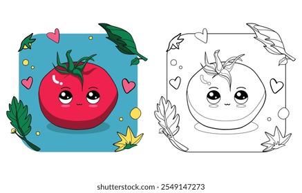 Adorable personaje de tomate kawaii: diseño de páginas para colorear en blanco y negro a todo color para actividades y proyectos artísticos infantiles