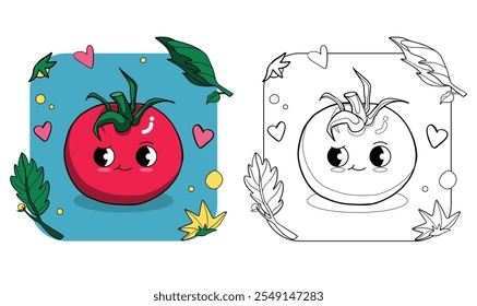 Adorable personaje de tomate kawaii: diseño de páginas para colorear en blanco y negro a todo color para actividades y proyectos artísticos infantiles