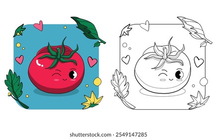 Adorable personaje de tomate kawaii: diseño de páginas para colorear en blanco y negro a todo color para actividades y proyectos artísticos infantiles