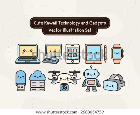 Adorable kawaii vector illustration set featuring popular technology and gadgets including laptop, desktop computer, smartphone, tablet, smartwatch, USB flash drive, cloud server, drone, robot, and VR