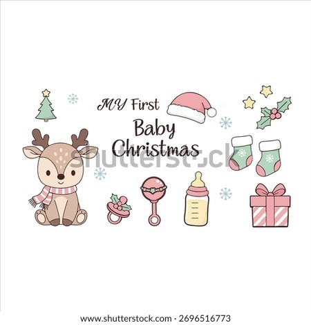 Adorable kawaii vector set for “My First Baby Christmas” featuring cute baby reindeer, Santa hat, baby bottle, gift box, Christmas socks, snowflakes, and holly leaves. Perfect for nursery art.