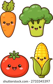 Personagens de legumes kawaii adoráveis em estilo de desenho animado plano ideal para crianças educação comida saudável marca adesivos cartazes aplicativos e desenhos temáticos de berçário