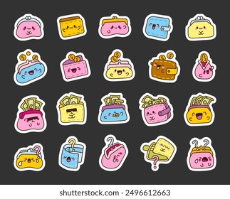 Adorable kawaii wallet. Sticker Bookmark. Funny cartoon money accessory. Hand drawn style. Vector drawing. Collection of design elements.