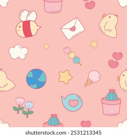 Adorable Kawaii World Icons Seamless Pattern, Cute Nursery Pattern, Kawaii Baby Nursery Set. Perfect for children's products, stationery, and kawaii-themed items