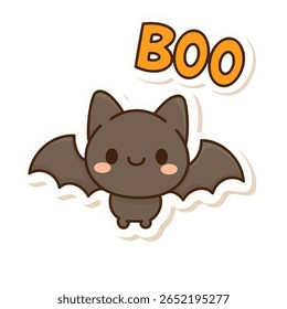 Adorable kawaii-style bat with the word "BOO" in soft pastel tones. Perfect for Halloween stickers, kids’ spooky designs, party decor, and seasonal clipart.